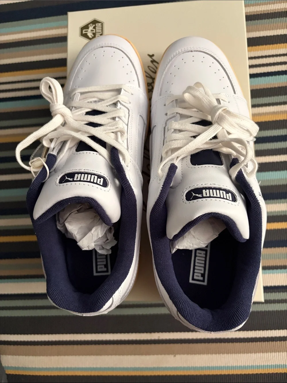 Puma Men's Slipstream Leather Sneakers - White, Navy & Tan Sole